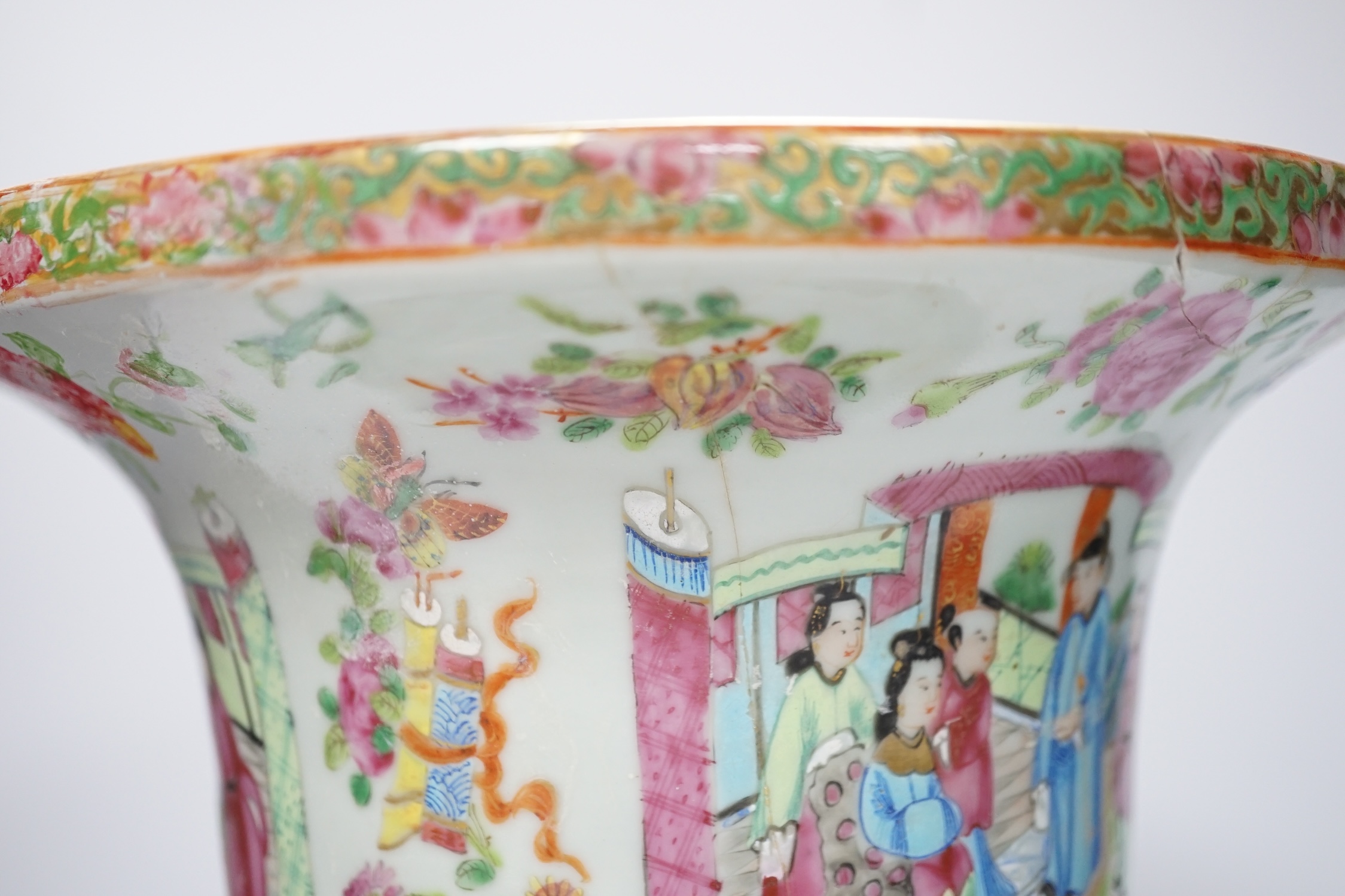 A large 19th century Chinese Canton famille rose vase, damaged and restored, 34cm